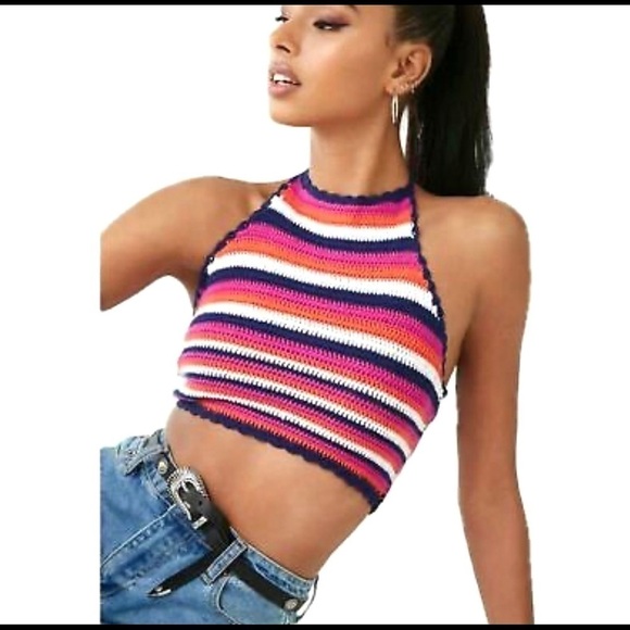 FOREVER 21•red blue crochet halter size L - Picture 1 of 7